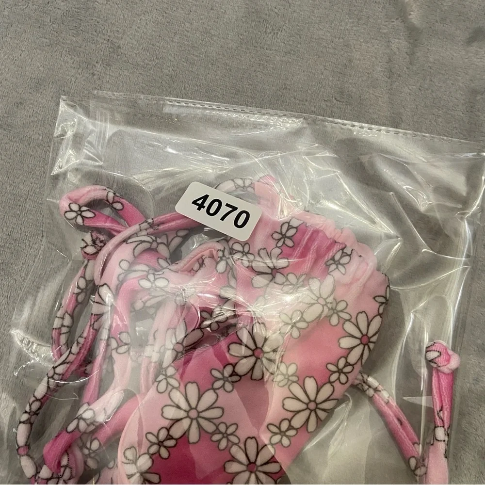 New! Frankie’s bikinis Tia Terry String Bikini Bottom Pink Daisy 24070